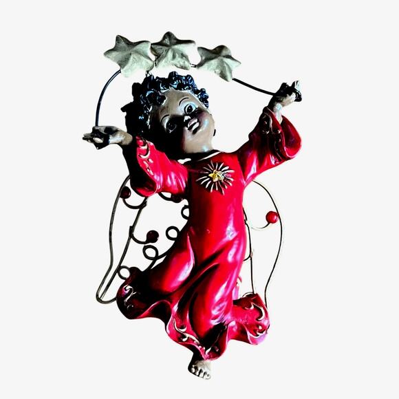 Black African American Angel Ornament Red Gown Gold Stars and Wings - Picture 1 of 4